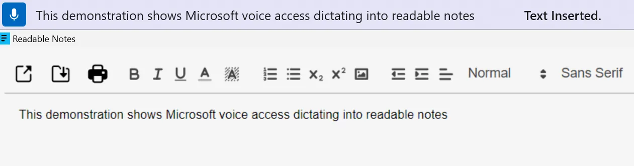 Readable Notes with Windows Voice Access active, showing dictated text appearing in the document